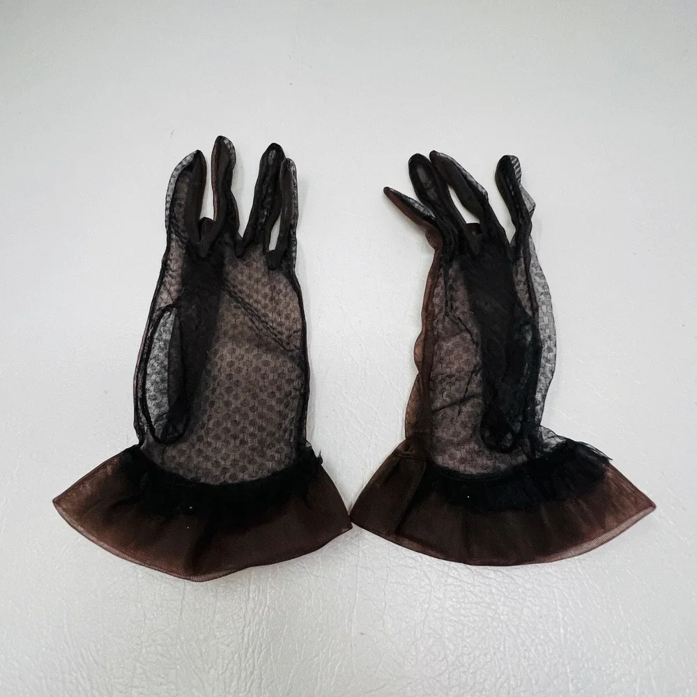 Vintage Womens Brown Sheer Mesh Polka Dot Ruffle Cuff Formal Dress Gloves